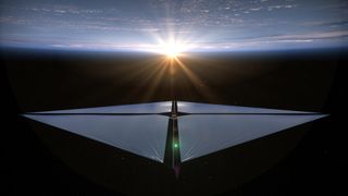 A solar sail flies over Earth with the sun setting on Earth in an illustration.