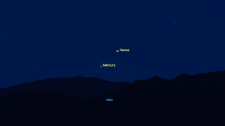 night sky graphic showing night sky with Mercury shining above the Western horizon and Venus just above it.